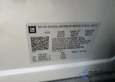 2021 Chevrolet Equinox Lt из США, поврежденный, VIN 3GNAXUEV6MS135078